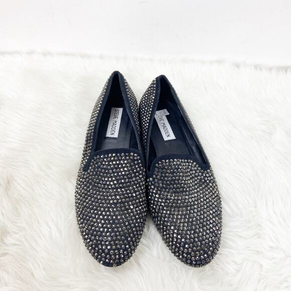 Steve Madden 7.5 M Womens Black Textile Conncord Rhinestone Stud  Smoking Flats - Picture 6 of 8